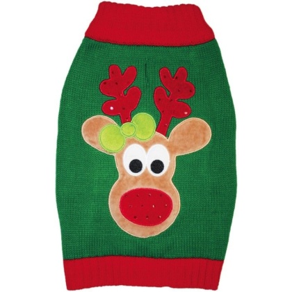 Fashion Pet Green Reindeer Dog Sweater - Small