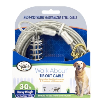 Four Paws Walk-About Tie-Out Cable Heavy Weight for Dogs up to 100 lbs - 30\' Long